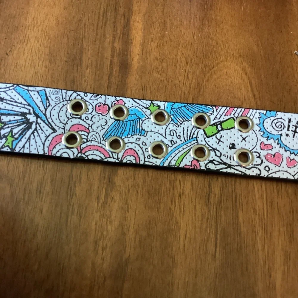 Faux Leather 1-3/4” Doodle Print Belt, Medium Skull Angel Wings Stars Pop‎ Art